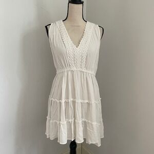 Justily Tiered Crochet VNeck Sleeveless Mini Dress Large‎ Coastal Cowgirl Angel